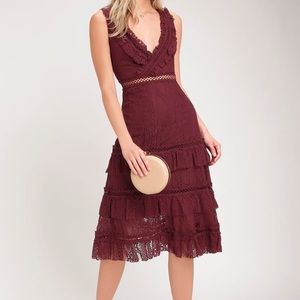 Lulus Burgundy Lace Ruffle Midi